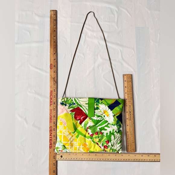 VTG 70s Floral Patchwork Shoulder Bag Boho Cottagecore  Chain Purse green yellow - Picture 9 of 11